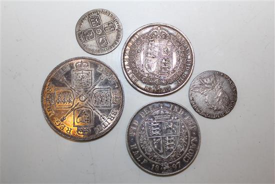 Silver coinage- 1887 double florin, 1887 & 1897 half crowns and 1757 and 1787 6ds